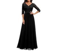 Yowablo Damenkleid mit einfarbigen Spitzeneinsätzen, Langer Taille und kurzen Ärmeln Kleid Elegant Damen Festlich (Black, L)