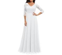 Yowablo Damenkleid mit einfarbigen Spitzeneinsätzen, Langer Taille und kurzen Ärmeln Kleid Elegant Damen Festlich (White, L)