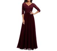 Yowablo Damenkleid mit einfarbigen Spitzeneinsätzen, Langer Taille und kurzen Ärmeln Kleid Elegant Damen Festlich (Red, L)
