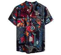Yowablo Hemdbluse Mens Ethnic Short Sleeve Lässige Baumwolle Leinen Druck Hawaiian (XL,4Blau)