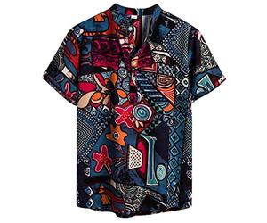 Yowablo Hemdbluse Mens Ethnic Short Sleeve Lässige Baumwolle Leinen Druck Hawaiian (XL,4Blau)