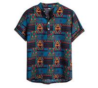 Yowablo Hemdbluse Mens Ethnic Short Sleeve Lässige Baumwolle Leinen Druck Hawaiian (XXL,15Blau)