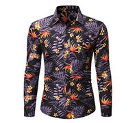 Yowablo Hemden Top Herren Frühling Sommer Casual Slim Printed Langarm Strandbluse (XL,7Schwarz)