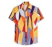 Yowablo Herren Kurzarm Shirt Einfarbig Freizeithemd Casual Hemden Leichte Atmungsaktives Bequem Leinen Sommerhemden Loose Fit (M,10Gelb)