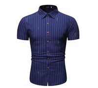 Yowablo Herren Kurzarm Shirt Freizeithemd Casual Hemden Leichte Atmungsaktives Bequem Loose Fit Gestreifter Knopf runter (M,1Marine)