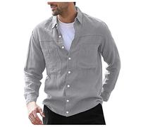 Yowablo Herren Slim Shirt Freizeithemd Hemden Tops Bluse Vintage Pure Color Button Leinen Solid Langarm Retro (XXL,Grau)