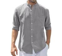 Yowablo Herren Slim Shirt Freizeithemd Hemden Tops Bluse Vintage Pure Color Button Leinen Solid Langarm Retro (M,Grau)