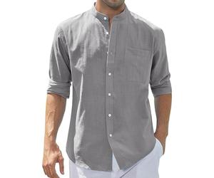 Yowablo Herren Slim Shirt Freizeithemd Hemden Tops Bluse Vintage Pure Color Button Leinen Solid Langarm Retro (XXL,Grau)