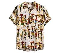 Yowablo Herren Vintage Print Baumwolle Leinen Kurzarm Hawaii Henley Kragen Shirt Top (XXL,18Gelb)