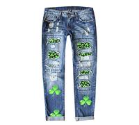 Yowablo Jeanshose Damen Bedruckte perforierte gerade Jeanshosen (l-Blue, S)