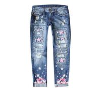 Yowablo Jeanshosen Damen Bedruckte perforierte gerade Jeanshose