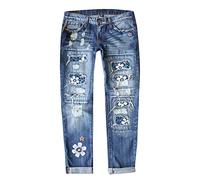 Yowablo Jeanshosen Damen Bedruckte perforierte gerade Jeanshose (f-Blue, S)