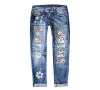 Yowablo Jeanshosen Damen Bedruckte perforierte gerade Jeanshose (f-Red, L)