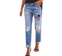 Yowablo Jeanshosen Damen-Jeans mit geradem Bein und verwaschenem -Jeans im Distressed-Saum Kurze (B-Red, XXL)