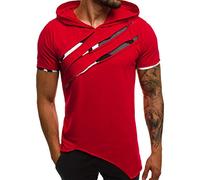 Yowablo Kapuzen T Shirt Herren Sommer Casual Patchwork Slim Kurzarm Top Bluse (XL,Rot)