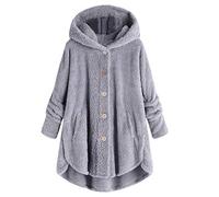 Yowablo Kapuzenjacke Damen Oversize Mäntel Elegant Winter Hoodie Locker Pullover Lang Grosse Grössen Strickjacke Winterjacke Frauen Kapuze Fleece Plüsch Dicke Knopf Wollmantel (4XL,1- Grau)