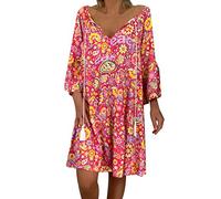 Yowablo Kleid Frauen Loose Floral Print Dreiviertelärmel Sommer Minikleid (3XL,12Pink)