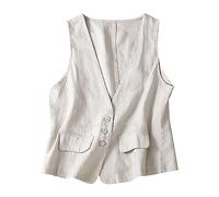 Yowablo Lange Weste Damen Ärmellose Weste für Damen, Retro, Sommer, V-Ausschnitt, lässig, dünn Daunenmantel Ohne Arm (1-Beige, XL)