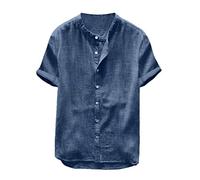 Yowablo Leinenhemd Herren Kurzarm Henley Shirt Männer Einfarbig Freizeithemd Übergröße Sommer Casual Hemden Leichte Atmungsaktives Bequem Leinen Sommerhemden Loose Fit (XXL,2Marine)