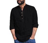 Yowablo Locker sitzendes Herrenhemd mit Stehkragen aus Baumwolle und Leinen mit Langen Ärmeln Herren Hemden Langarm Button down