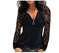 Yowablo Longshirt Damen Oberteile Tshirt Langarm Shirt Bluse Tunika Tops Damen Mode Casual Lace Mesh Stitching V-Ausschnitt Reißverschluss Langarm (XL,1Schwarz)