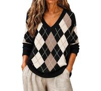Yowablo Raute Muster Strickpullover Damen V-Ausschnitt Schwarz | Damen Strickpullover mit Argyle-Rautenmuster in Schwarz-Beige, tiefer V-Ausschnitt für elegante Preppy-Look Outfits.