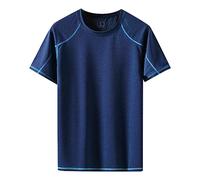 Yowablo Seide Lose Schnell Trocknend Top Seidig Glatt Rundhals Trend Einfarbig T Shirt Männer Kurzarm (Navy-a, XXXXL)