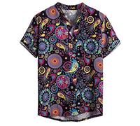Yowablo Shirt Herren Lässig Gestreifte Baumwolle Leinen Henry Colla Lose Kurzarm Lässige Knöpfe Shirt