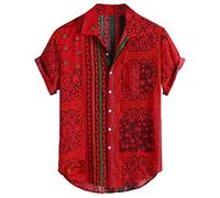 Yowablo Shirt Herren Lässig Gestreifte Baumwolle Leinen Henry Colla Lose Kurzarm Lässige Knöpfe Shirt