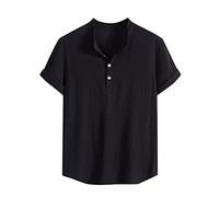 Yowablo Shirt Herren Lässig Gestreifte Baumwolle Leinen Henry Colla Lose Kurzarm Lässige Knöpfe Shirt