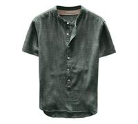 Yowablo Shirt Herren Lässig Gestreifte Baumwolle Leinen Henry Colla Lose Kurzarm Lässige Knöpfe Shirt