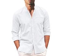 Yowablo Shirt Top Herren Hemd Herren Frühjahr und Sommer Mode Casual Einfarbige Kragen Knopf Langarm (B-White, XXL)