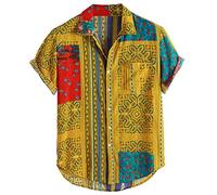 Yowablo Shirts Herren Vintage Ethnic Printed Umlegekragen Kurzarm Loose Casual (L,24Gelb)