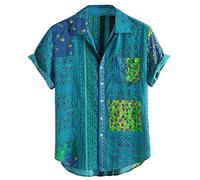 Yowablo Shirts Herren Vintage Ethnic Printed Umlegekragen Kurzarm Loose Casual (XXL,24Grün)