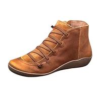 Yowablo Stiefel Damen Lässige Flache Retro-Schnürstiefel aus Leder mit seitlichem Reißverschluss und runder Schuhspitze (38 EU,3- Braun)
