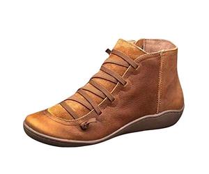 Yowablo Stiefel Damen Lässige Flache Retro-Schnürstiefel aus Leder mit seitlichem Reißverschluss und runder Schuhspitze (38 EU,3- Braun)