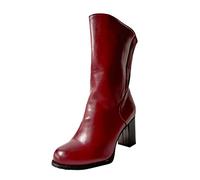 Yowablo Stiefel Frauen Mode Reine Farbe Runde Zehen Reißverschluss Stiefel Square Heels Vintage (43,rot)