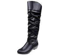 Yowablo Stiefeletten Worker Boots Stiefel Damen Slip-On Vierkantabsatz Einfarbig Hohe Kniehohe Schuhe Runde Zehen (37,Schwarz)