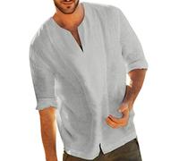 Yowablo T-Shirts Tops Blusen Männer Baggy Cotton Blend Unifarben Dreiviertel-V-Ausschnitt (M,Grau)