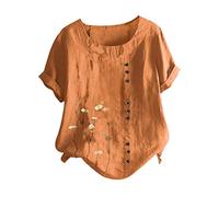 Yowablo Tops Damen Plus Size O-Ausschnitt Kurzarm Druckknöpfe Baumwolle Leinen Vintage (XXL,3Orange)