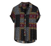 Yowablo Tops Herren Ethno Style Sommer Kurzarm Lose Knöpfe Freizeithemd Bluse (M,10Rot)