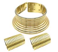 Yowablo Verstellbare Coil African Choker Chunky Statement Halskette mit 2 Armbändern Gothic Kunstleder Set Schmuckbeton