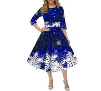Yowablo Weihnachtskleid mit Retro-Weihnachtsschneeflocken-Print in einem Langen, halbärmeligen Kleid mit Rundhalsausschnitt Blusenkleid Damen Sommer (Blue, L)