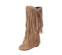 Yowablo Winter-Stiefel mit dickem Absatz und Fransen in Übergröße für Damen, innen Booster, mittellange Stiefel Outdoor Damen Winter