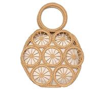 YPBEW Handtasche aus natürlichem Stroh, runde Tragetasche, hohle handgewebte Taschen mit oben, Strandtasche, Retro Korbtaschen für Frauen, runder Rattan Einkaufskorb