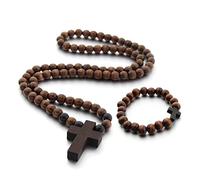 YPBEW Kruzifix Holz Armband Halskette Anhänger für Männer Frau Holzperlen geschnitzt Rosenkranz katholische Halsketten männliche Jude Kreuz Anhänger Armband