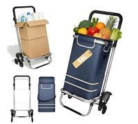 YRHome 3in1 Klappbarer Einkaufstrolley 56L Praktischer Einkaufsroller mit Umhängetasche und Sackkarre in Einem, Treppensteiger Einkaufswagen, Klapptrolley für Einkauf und Transport, Blau 3-Rad