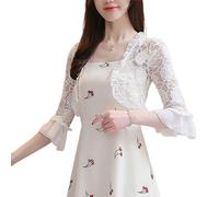 YROHGKPN Leichte Damen Shrug Tops mit Spitze, 3 / 4Ärmel, vorne offen, Strickjacken, dünn, weich, drapiert, Kurze Strickjacke, Strickjacke für Frauen, Bauchfreies Oberteil, durchsichtig, kurz