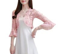 YROHGKPN Leichte Damen Shrug Tops mit Spitze, 3 / 4Ärmel, vorne offen, Strickjacken, dünn, weich, drapiert, Kurze Strickjacke, Strickjacke für Frauen, Bauchfreies Oberteil, durchsichtig, kurz