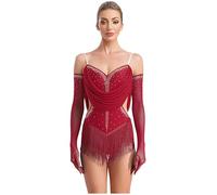 Yruioon Damen Latein Tanzkleid Glitzer Fransen Kleid mit Handschuhe Turnanzug Gymnastik Leotard Tanzbody Wettbewerb Tanzkostüm Rot M